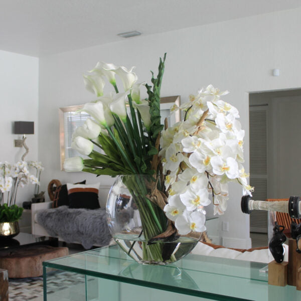 Vase Lune avec bouquet mixte de fleurs