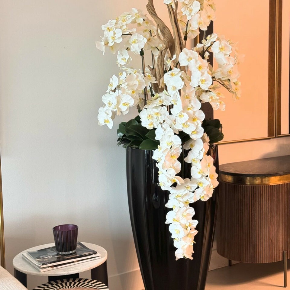 Vase San José noir brillant avec orchidées blanches en cascade
