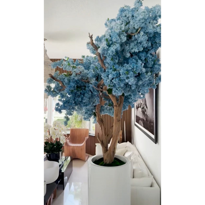 Vase Saint-Tropez blanc mat avec fleurs de cerisier bleues