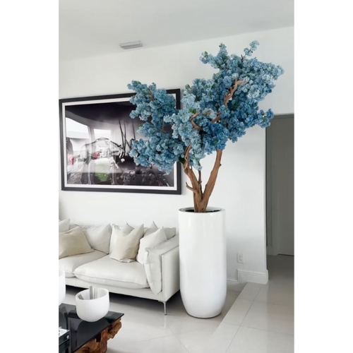 Vase Saint-Tropez blanc mat avec fleurs de cerisier bleues