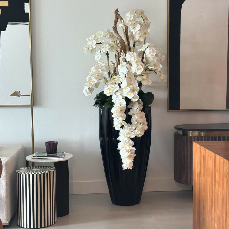 Vase San José noir brillant avec orchidées blanches en cascade