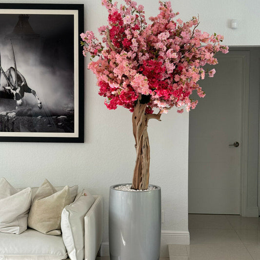 Vase Lisbonne argenté brillant avec fleurs de cerisier tricolores rose personnalisées