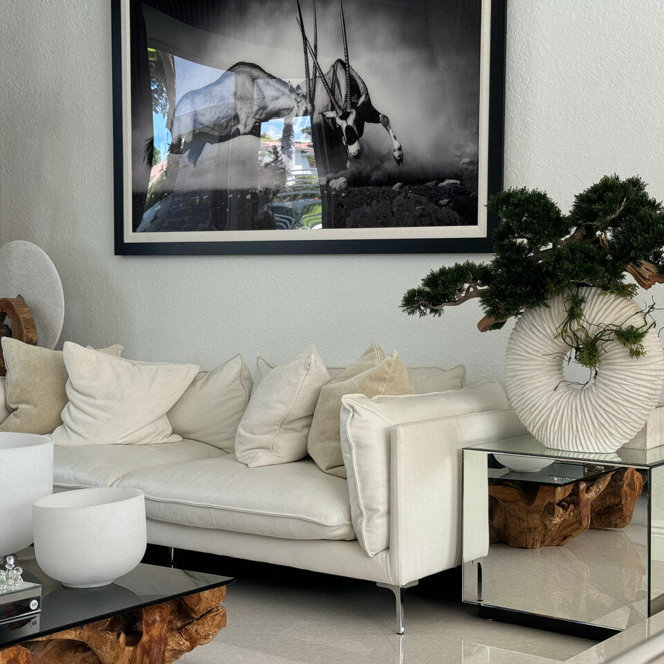 Grand vase Eternity avec bonsaï suspendu et bois flotté