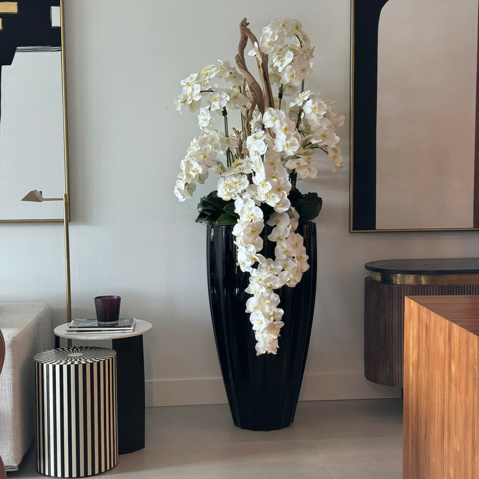 Vase San José noir brillant avec orchidées blanches en cascade