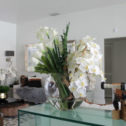 Vase Lune avec bouquet mixte de fleurs