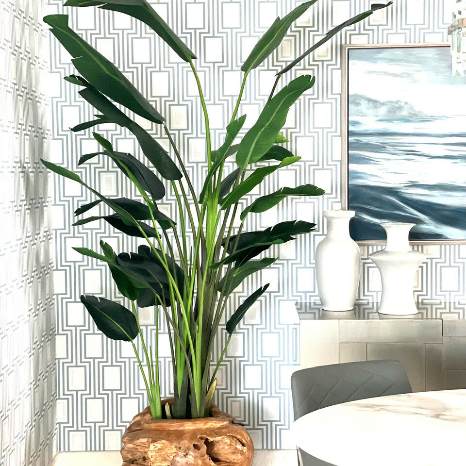 Grand vase en teck avec grand oiseau de paradis