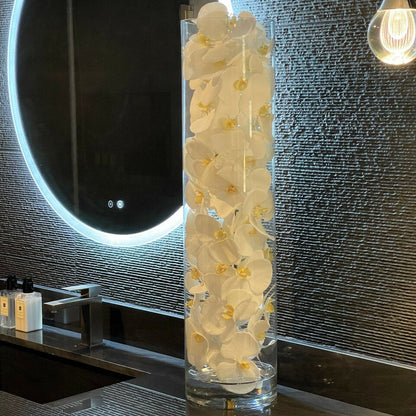 Cylindre en verre avec orchidées Phalaenopsis blanches